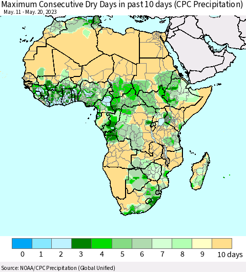Africa Maximum Consecutive Dry Days in past 10 days (CPC Precipitation) Thematic Map For 5/16/2023 - 5/20/2023