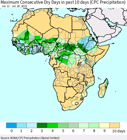 Africa Maximum Consecutive Dry Days in past 10 days (CPC Precipitation) Thematic Map For 7/16/2023 - 7/20/2023