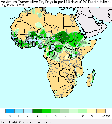 Africa Maximum Consecutive Dry Days in past 10 days (CPC Precipitation) Thematic Map For 9/1/2023 - 9/5/2023