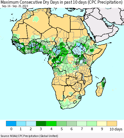 Africa Maximum Consecutive Dry Days in past 10 days (CPC Precipitation) Thematic Map For 9/21/2023 - 9/25/2023