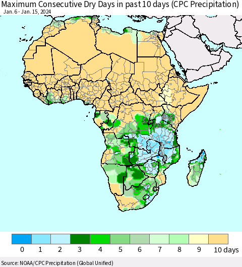 Africa Maximum Consecutive Dry Days in past 10 days (CPC Precipitation) Thematic Map For 1/11/2024 - 1/15/2024
