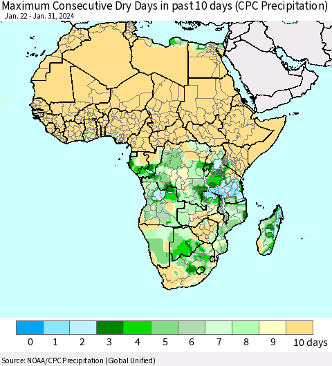 Africa Maximum Consecutive Dry Days in past 10 days (CPC Precipitation) Thematic Map For 1/26/2024 - 1/31/2024