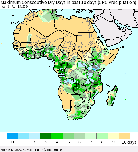 Africa Maximum Consecutive Dry Days in past 10 days (CPC Precipitation) Thematic Map For 4/11/2024 - 4/15/2024