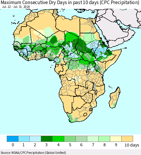 Africa Maximum Consecutive Dry Days in past 10 days (CPC Precipitation) Thematic Map For 7/26/2024 - 7/31/2024