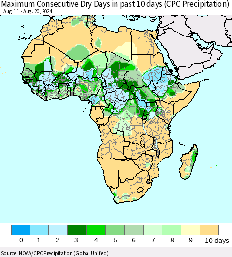 Africa Maximum Consecutive Dry Days in past 10 days (CPC Precipitation) Thematic Map For 8/16/2024 - 8/20/2024