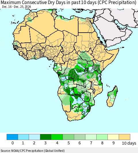Africa Maximum Consecutive Dry Days in past 10 days (CPC Precipitation) Thematic Map For 12/21/2024 - 12/25/2024
