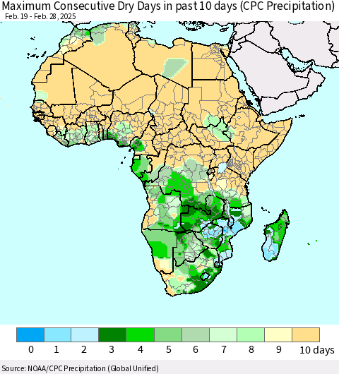 Africa Maximum Consecutive Dry Days in past 10 days (CPC Precipitation) Thematic Map For 2/26/2025 - 2/28/2025