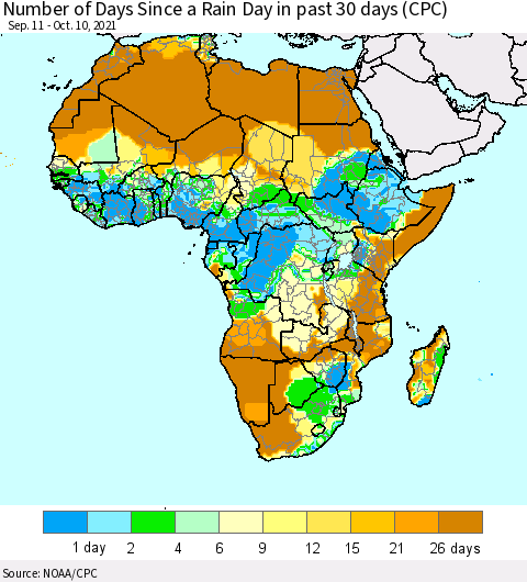 Africa Number of Days Since a Rain Day in past 30 days (CPC) Thematic Map For 10/6/2021 - 10/10/2021