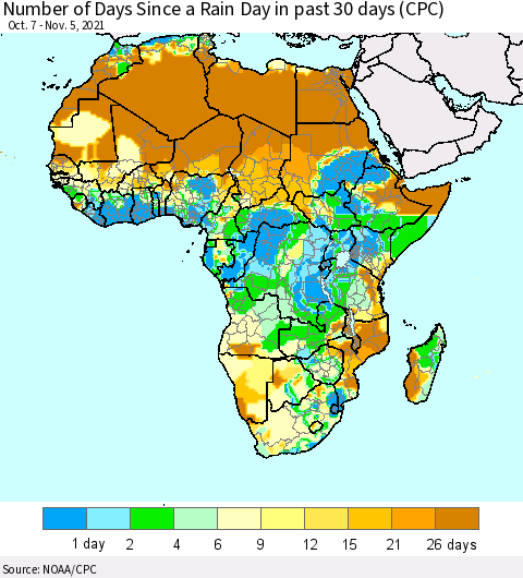 Africa Number of Days Since a Rain Day in past 30 days (CPC) Thematic Map For 11/1/2021 - 11/5/2021