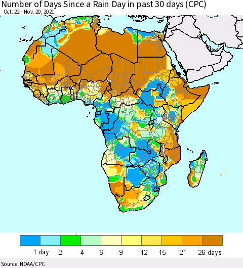 Africa Number of Days Since a Rain Day in past 30 days (CPC) Thematic Map For 11/16/2021 - 11/20/2021