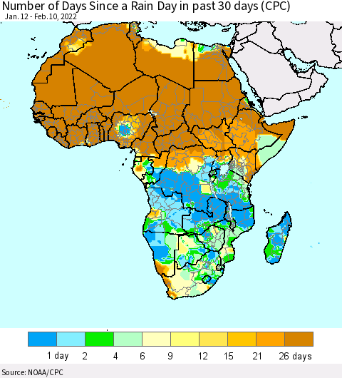 Africa Number of Days Since a Rain Day in past 30 days (CPC) Thematic Map For 2/6/2022 - 2/10/2022