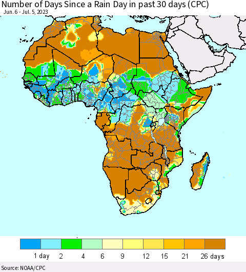 Africa Number of Days Since a Rain Day in past 30 days (CPC) Thematic Map For 7/1/2023 - 7/5/2023