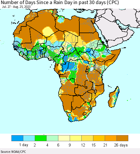Africa Number of Days Since a Rain Day in past 30 days (CPC) Thematic Map For 8/21/2023 - 8/25/2023
