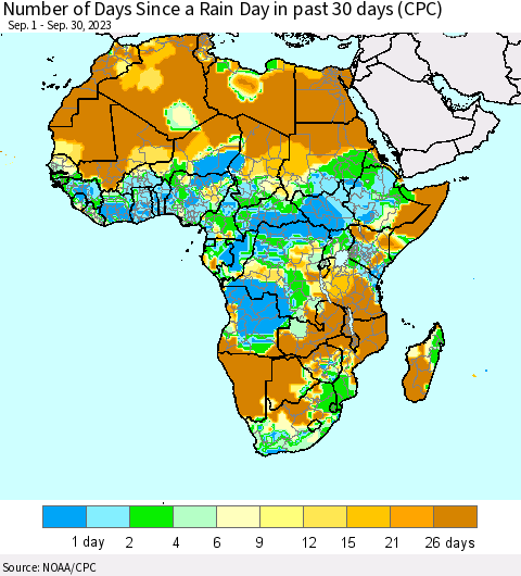 Africa Number of Days Since a Rain Day in past 30 days (CPC) Thematic Map For 9/26/2023 - 9/30/2023