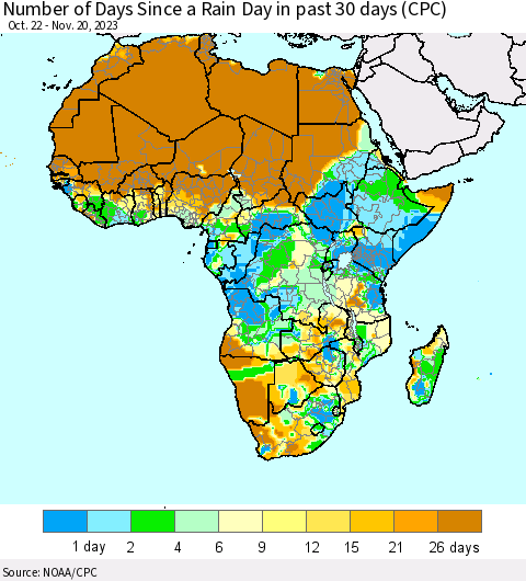Africa Number of Days Since a Rain Day in past 30 days (CPC) Thematic Map For 11/16/2023 - 11/20/2023