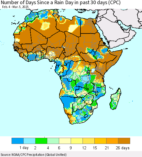 Africa Number of Days Since a Rain Day in past 30 days (CPC) Thematic Map For 3/1/2025 - 3/5/2025