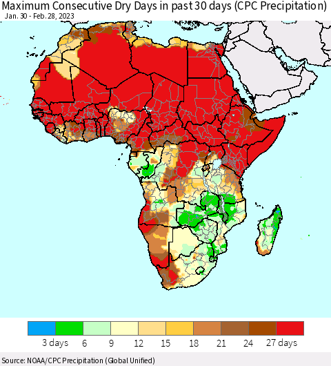 Africa Maximum Consecutive Dry Days in past 30 days (CPC Precipitation) Thematic Map For 2/26/2023 - 2/28/2023