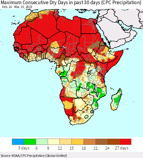 Africa Maximum Consecutive Dry Days in past 30 days (CPC Precipitation) Thematic Map For 3/11/2023 - 3/15/2023
