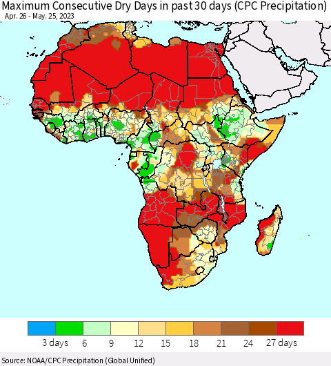 Africa Maximum Consecutive Dry Days in past 30 days (CPC Precipitation) Thematic Map For 5/21/2023 - 5/25/2023