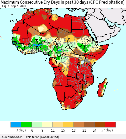 Africa Maximum Consecutive Dry Days in past 30 days (CPC Precipitation) Thematic Map For 9/1/2023 - 9/5/2023