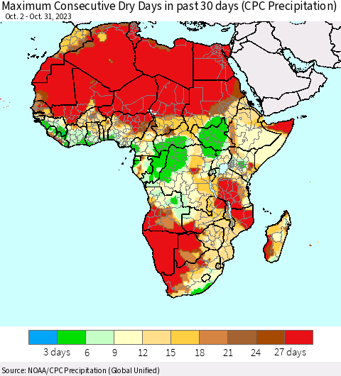 Africa Maximum Consecutive Dry Days in past 30 days (CPC Precipitation) Thematic Map For 10/26/2023 - 10/31/2023