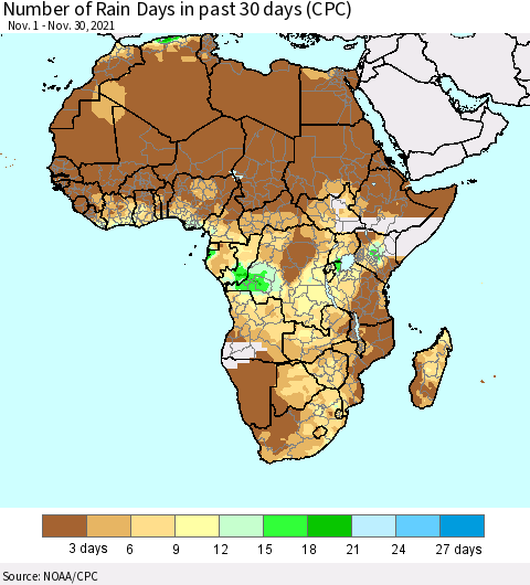 Africa Number of Rain Days in past 30 days (CPC) Thematic Map For 11/26/2021 - 11/30/2021