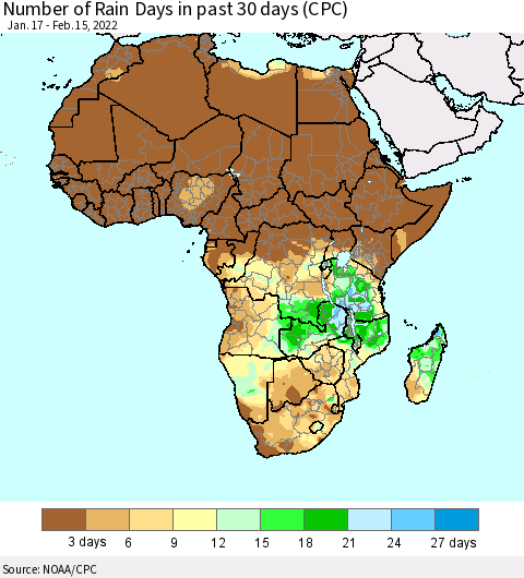 Africa Number of Rain Days in past 30 days (CPC) Thematic Map For 2/11/2022 - 2/15/2022