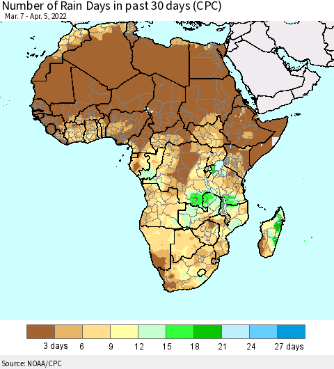 Africa Number of Rain Days in past 30 days (CPC) Thematic Map For 4/1/2022 - 4/5/2022