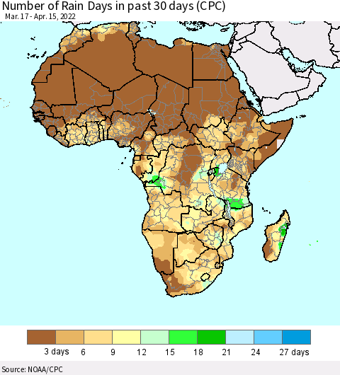 Africa Number of Rain Days in past 30 days (CPC) Thematic Map For 4/11/2022 - 4/15/2022