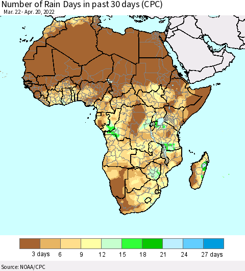 Africa Number of Rain Days in past 30 days (CPC) Thematic Map For 4/16/2022 - 4/20/2022