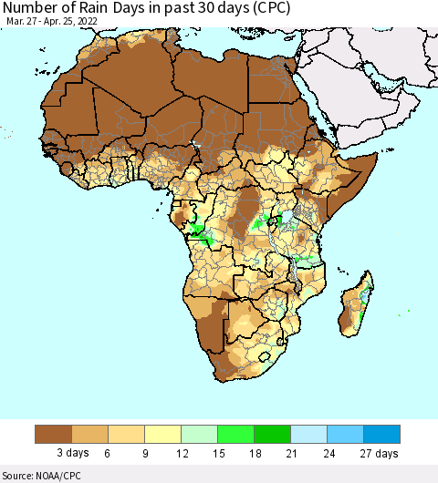 Africa Number of Rain Days in past 30 days (CPC) Thematic Map For 4/21/2022 - 4/25/2022
