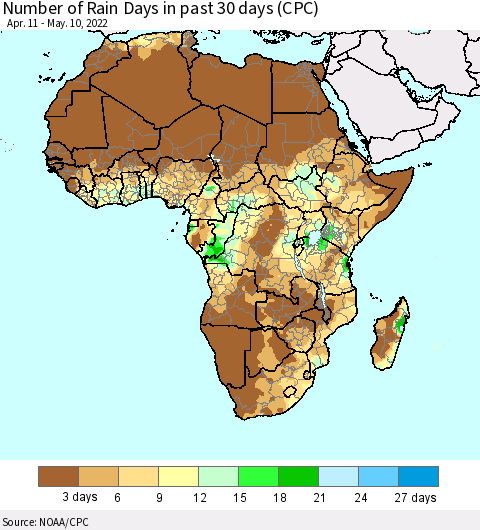Africa Number of Rain Days in past 30 days (CPC) Thematic Map For 5/6/2022 - 5/10/2022