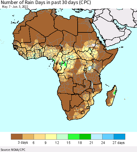 Africa Number of Rain Days in past 30 days (CPC) Thematic Map For 6/1/2022 - 6/5/2022
