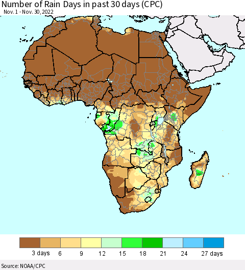 Africa Number of Rain Days in past 30 days (CPC) Thematic Map For 11/26/2022 - 11/30/2022