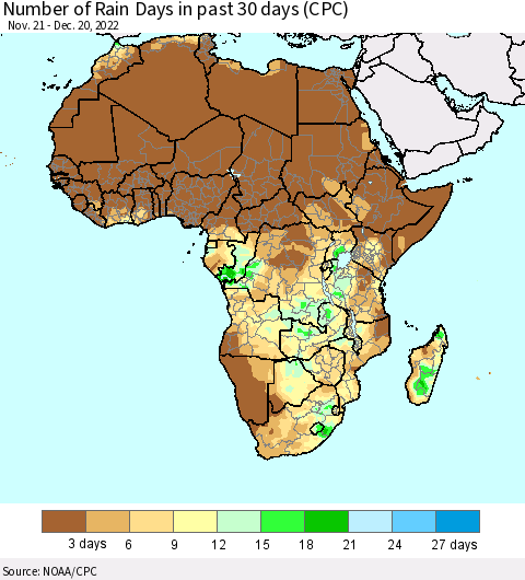 Africa Number of Rain Days in past 30 days (CPC) Thematic Map For 12/16/2022 - 12/20/2022
