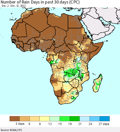 Africa Number of Rain Days in past 30 days (CPC) Thematic Map For 12/26/2022 - 12/31/2022