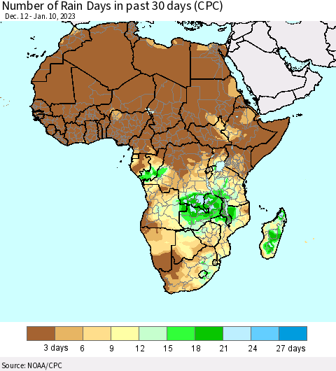 Africa Number of Rain Days in past 30 days (CPC) Thematic Map For 1/6/2023 - 1/10/2023