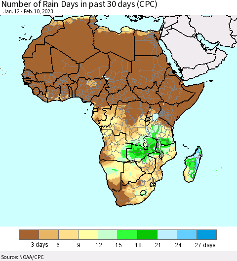 Africa Number of Rain Days in past 30 days (CPC) Thematic Map For 2/6/2023 - 2/10/2023