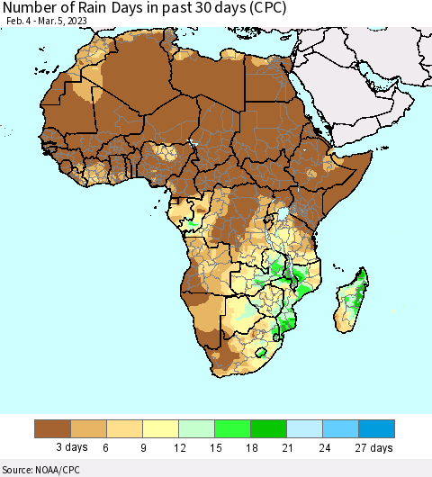 Africa Number of Rain Days in past 30 days (CPC) Thematic Map For 3/1/2023 - 3/5/2023