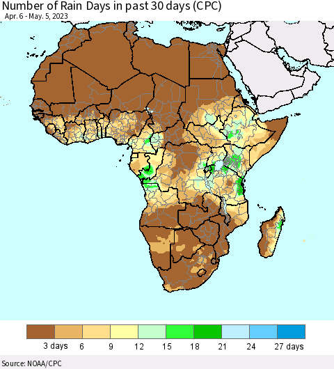 Africa Number of Rain Days in past 30 days (CPC) Thematic Map For 5/1/2023 - 5/5/2023