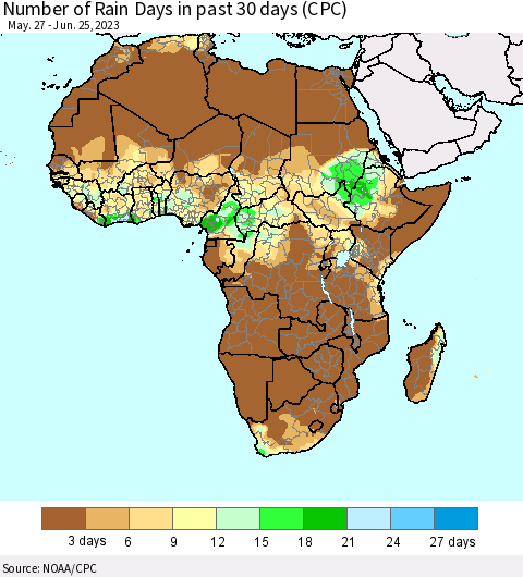 Africa Number of Rain Days in past 30 days (CPC) Thematic Map For 6/21/2023 - 6/25/2023