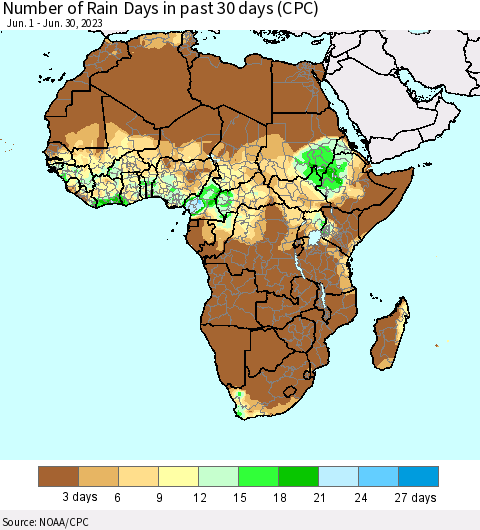 Africa Number of Rain Days in past 30 days (CPC) Thematic Map For 6/26/2023 - 6/30/2023