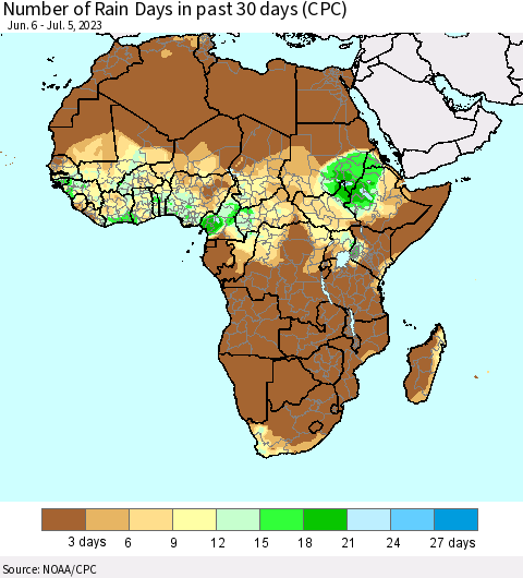 Africa Number of Rain Days in past 30 days (CPC) Thematic Map For 7/1/2023 - 7/5/2023