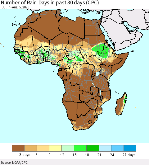 Africa Number of Rain Days in past 30 days (CPC) Thematic Map For 8/1/2023 - 8/5/2023