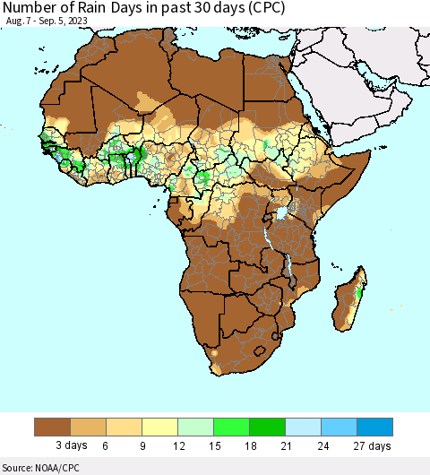Africa Number of Rain Days in past 30 days (CPC) Thematic Map For 9/1/2023 - 9/5/2023