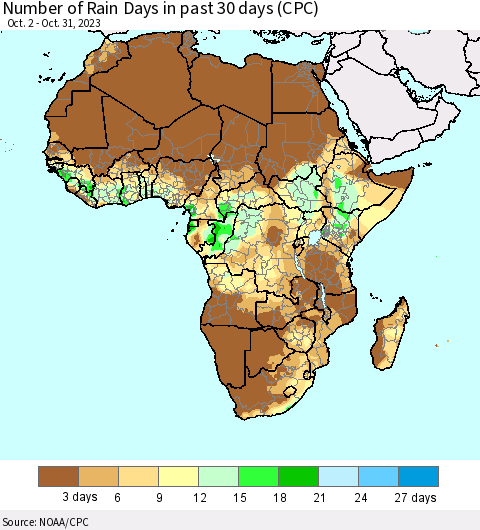 Africa Number of Rain Days in past 30 days (CPC) Thematic Map For 10/26/2023 - 10/31/2023