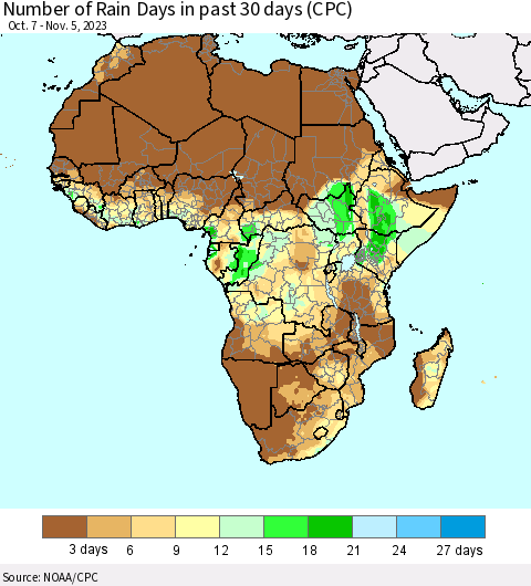 Africa Number of Rain Days in past 30 days (CPC) Thematic Map For 11/1/2023 - 11/5/2023