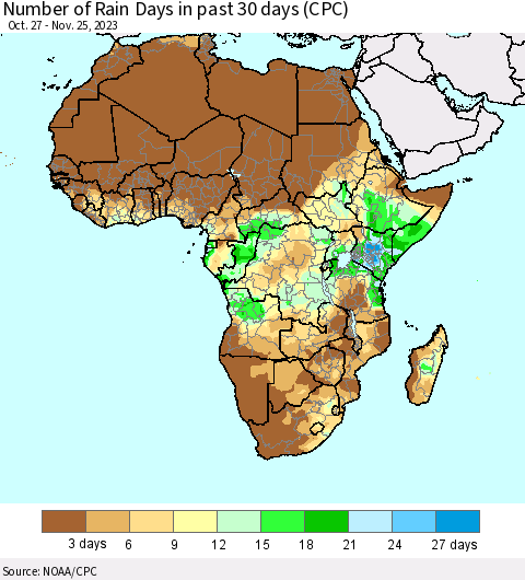 Africa Number of Rain Days in past 30 days (CPC) Thematic Map For 11/21/2023 - 11/25/2023