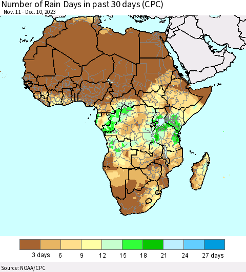 Africa Number of Rain Days in past 30 days (CPC) Thematic Map For 12/6/2023 - 12/10/2023