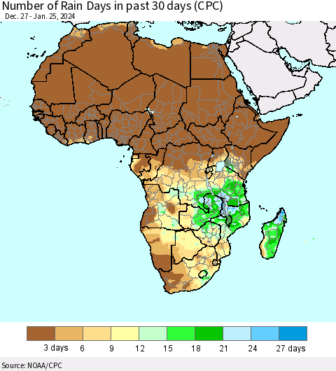 Africa Number of Rain Days in past 30 days (CPC) Thematic Map For 1/21/2024 - 1/25/2024
